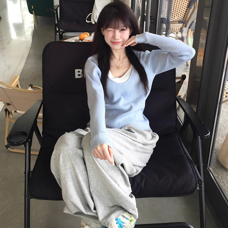 假两件拼接撞色慵懒休闲针织衫女