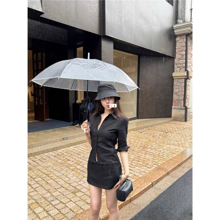 长袖衬衫女后背腰带polo领晒衬衣