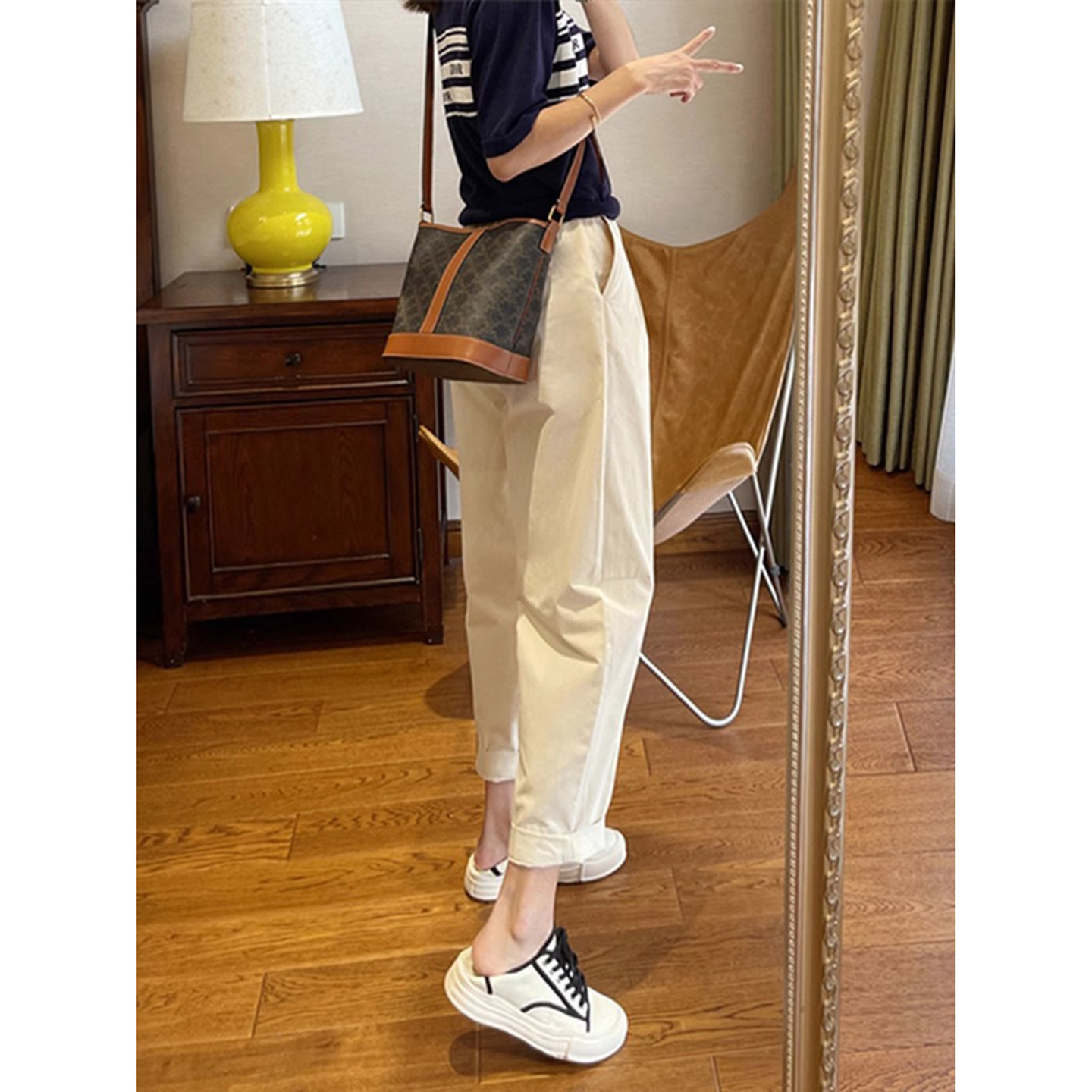 棉麻松紧腰直筒哈伦裤女高腰显瘦