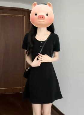 日系小个子短袖连衣裙女夏季新款休闲气质黑色收腰显瘦a字短裙子