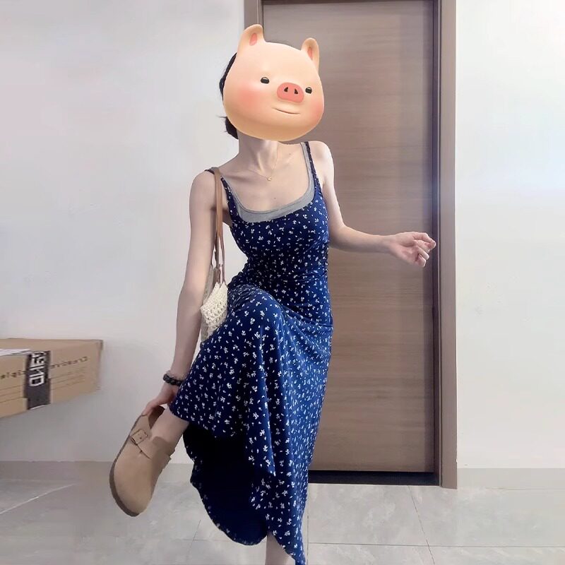 法式假两件碎花吊带修身显瘦长裙