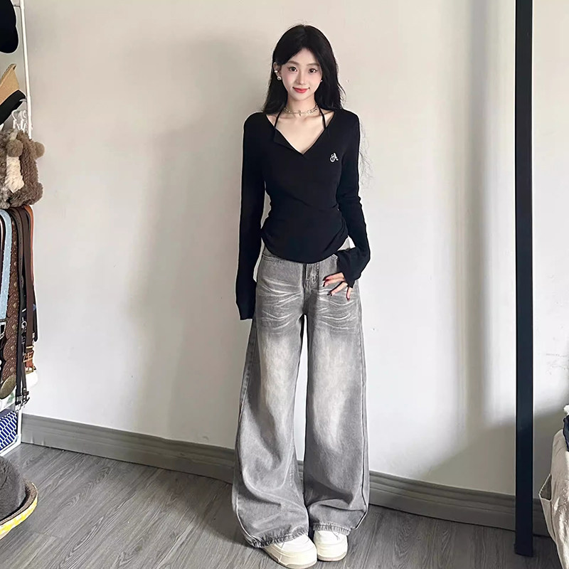 日系黑色甜辣妹v领防晒长袖t恤女春秋修身小个子掐腰短款打底上衣