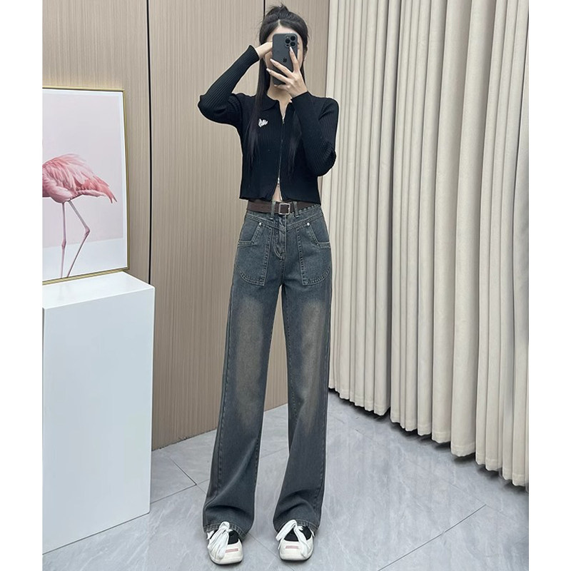 直筒高腰水泥灰牛仔裤女