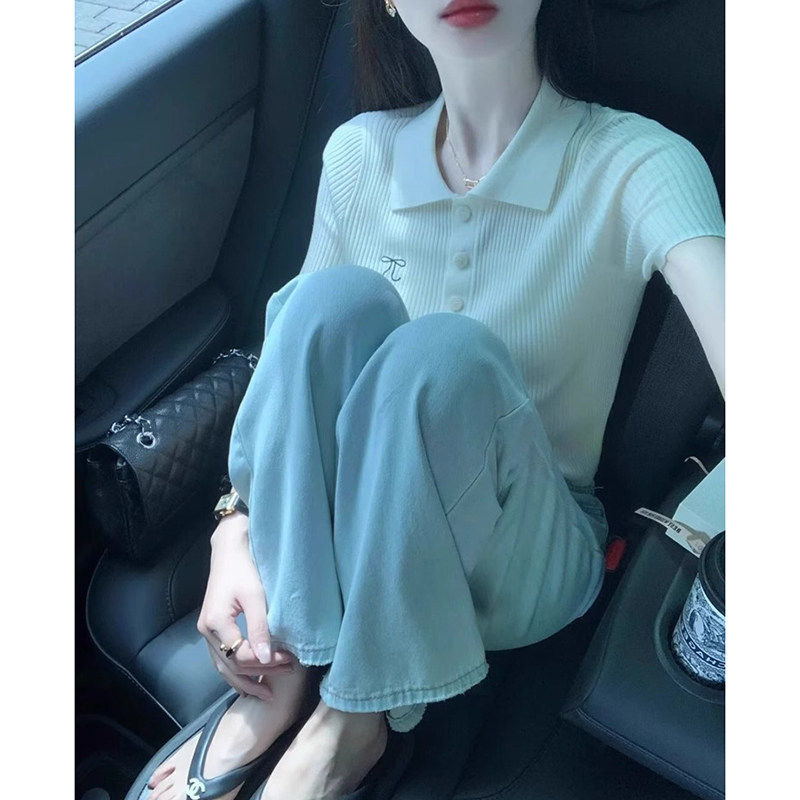 系气质polo领刺绣正肩短袖t恤女