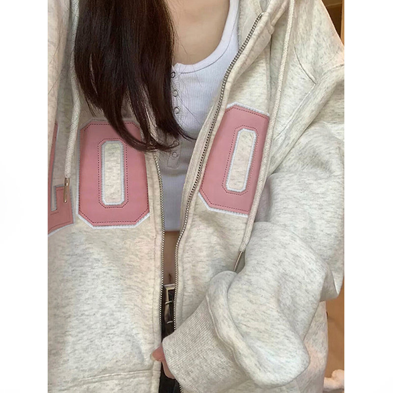 休闲灰色连帽开衫卫衣女