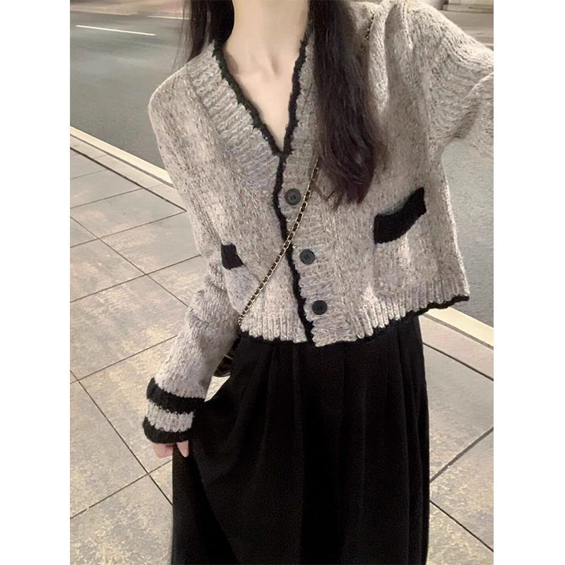 法式小香风V领短款开衫毛衣女