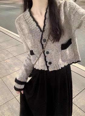 法式小香风V领短款开衫毛衣女