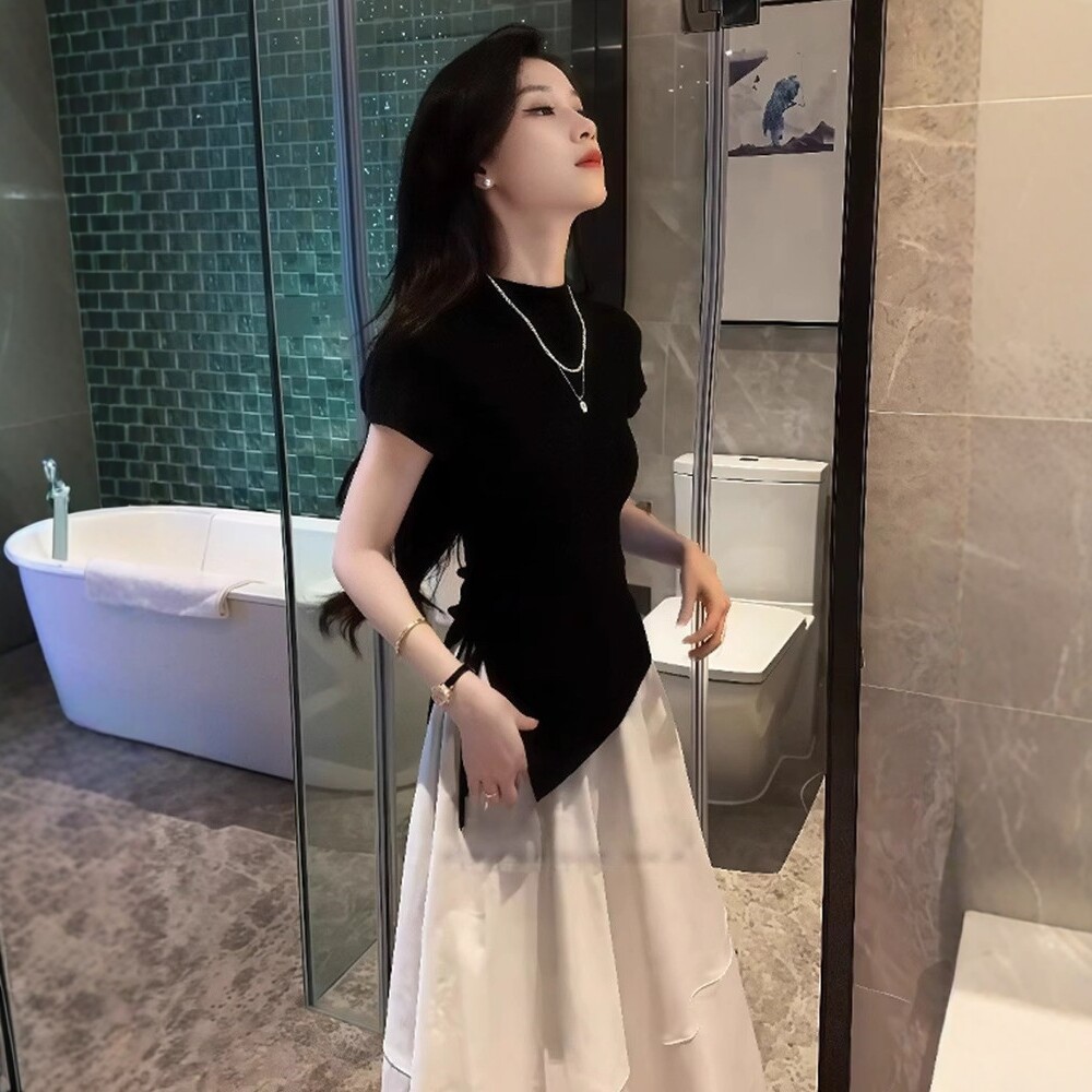 日系不规则修身正肩短袖t恤女