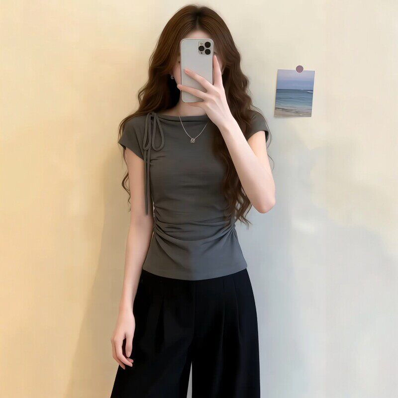韩系风绑带显瘦短袖T恤女夏薄款