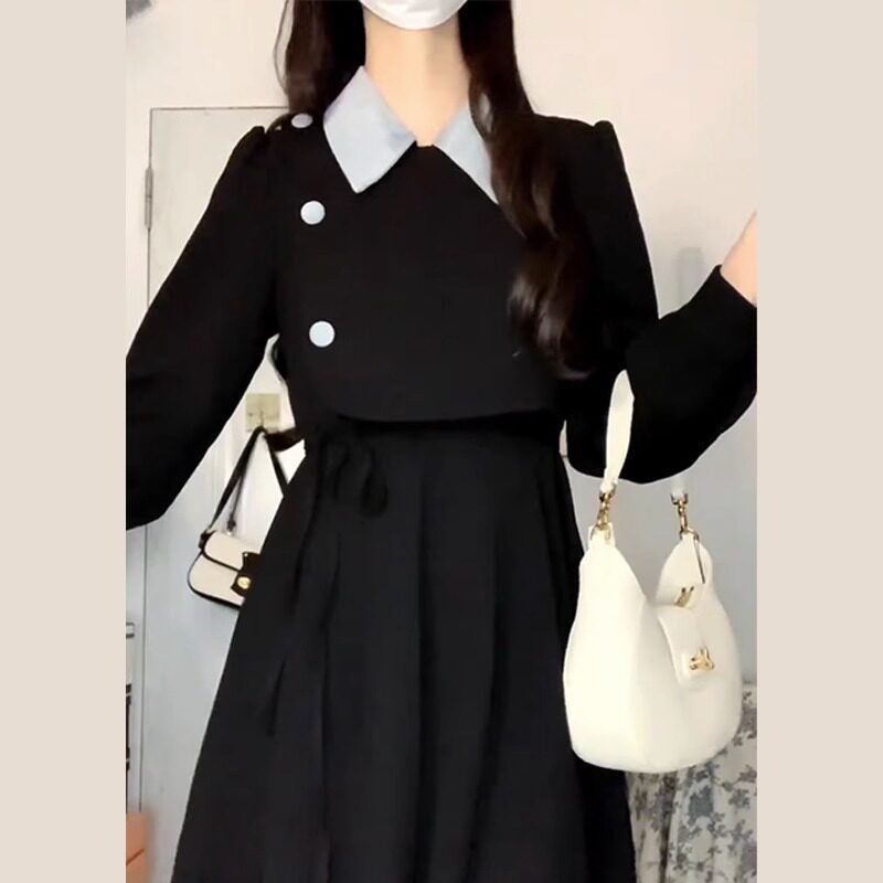 黑色高腰长袖连衣裙女秋冬