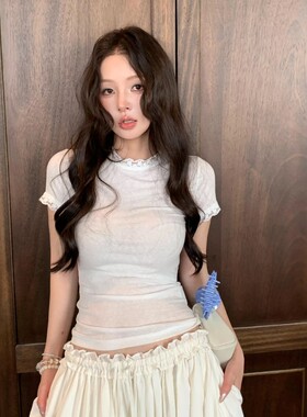 日系蕾丝拼接圆领短袖t恤女夏季