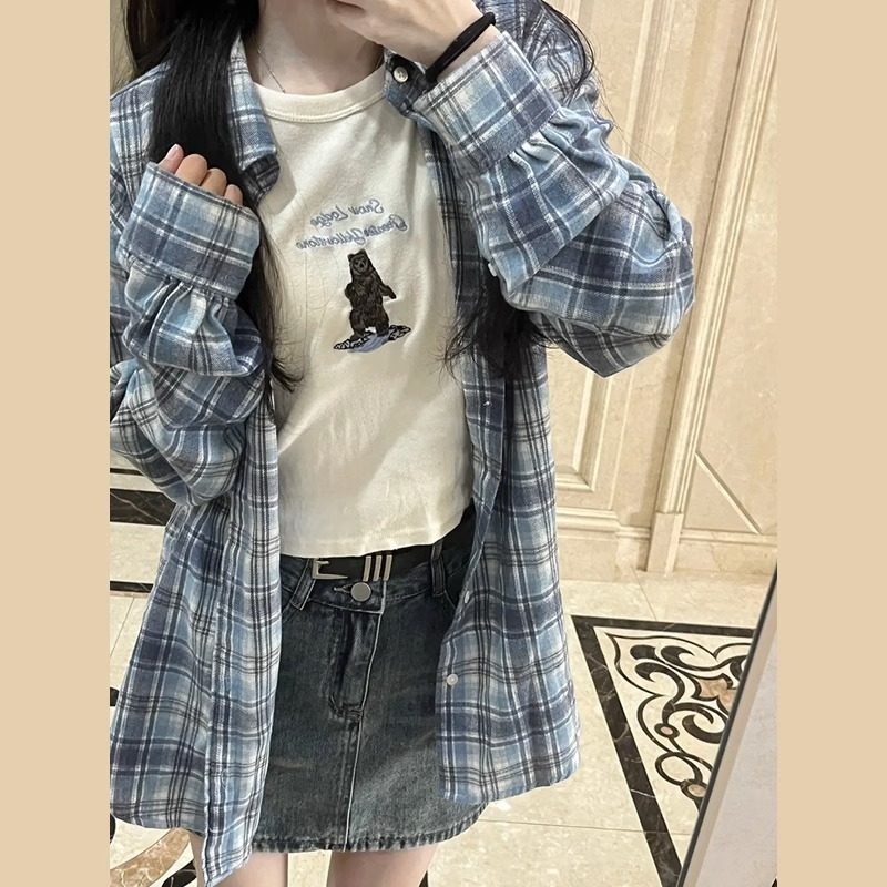 慵懒风格子长袖衬衫女春秋小众