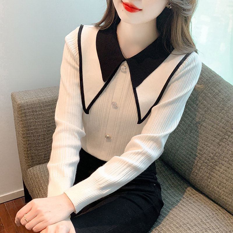日系娃娃领针织衫女长袖高级感2025春秋新款减龄时髦通勤洋气小衫
