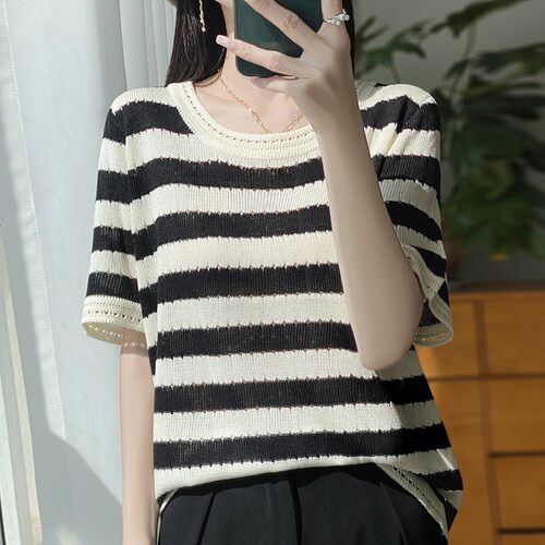 条纹镂空短袖针织t恤女夏季