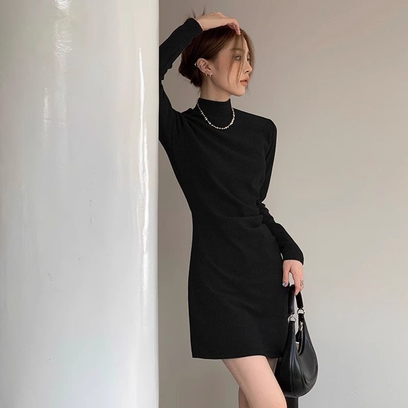 黑色针织打底连衣裙女