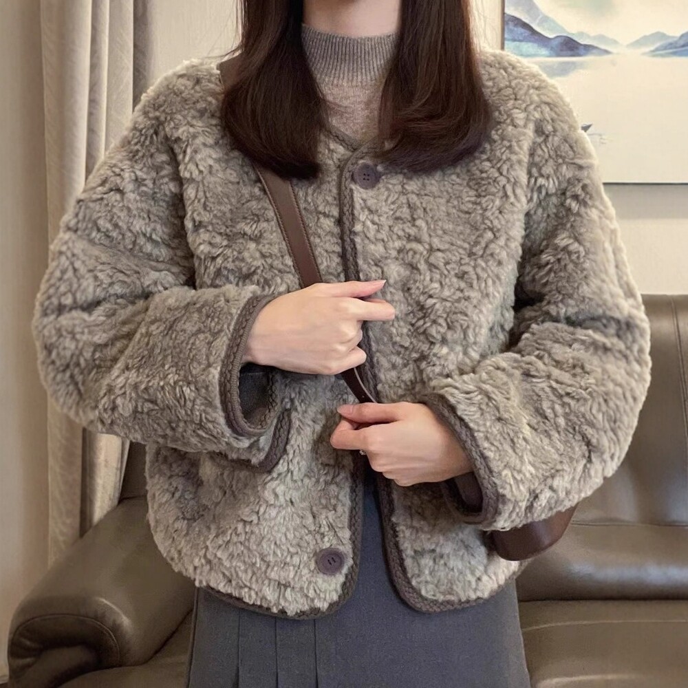 日系小香风羊羔毛短款外套女秋冬