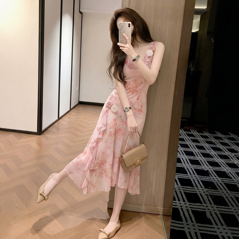 日系碎花荷叶边粉色吊带连衣裙女夏季独特漂亮设计感修身无袖裙子