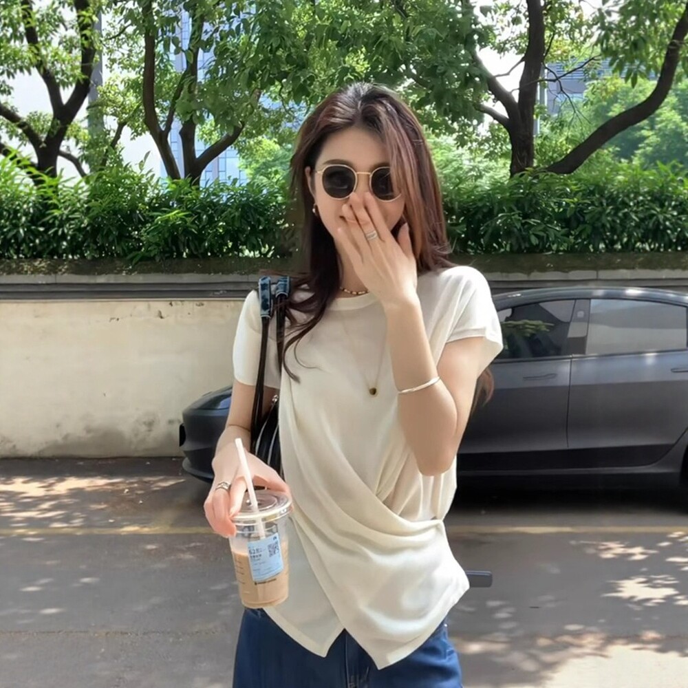 日系圆领冰丝针织短袖t恤女夏季