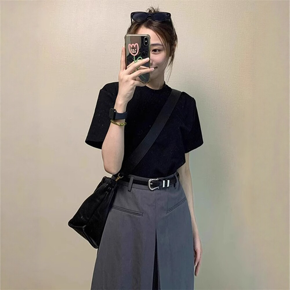 日系黑色圆领正肩短袖t恤女夏季