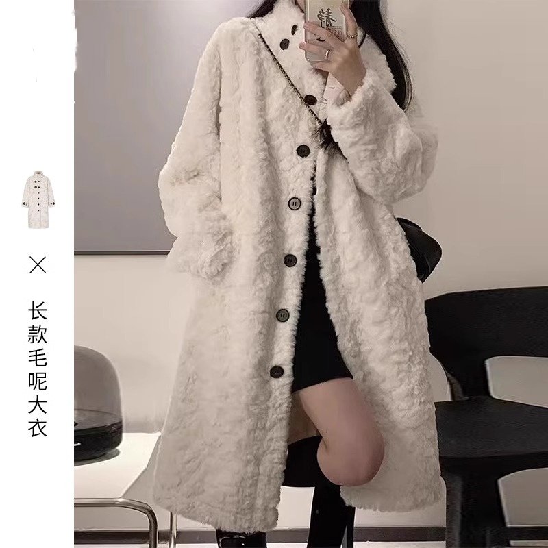 日系慵懒风白色羊羔毛毛绒外套女秋冬季宽松加厚中长款毛呢子大衣