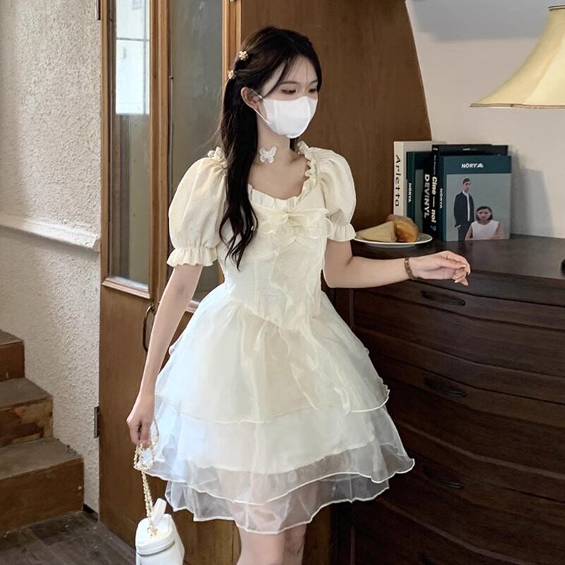 夏季茶歇法式初恋木耳边连衣裙女