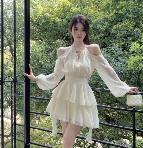 法式白色长袖连衣裙仙女