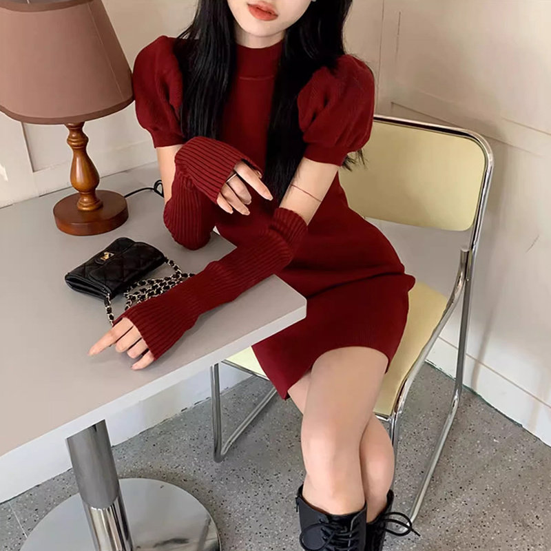 法式红色针织连衣裙女修身
