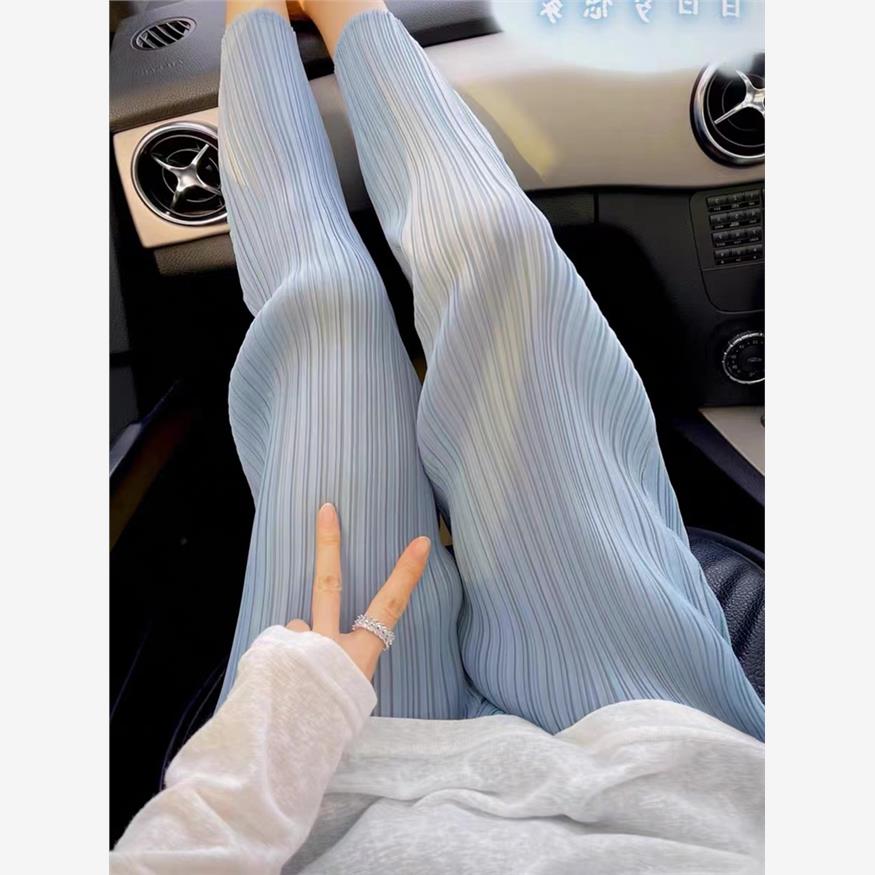 醋酸褶皱阔腿裤女夏高腰垂感裤子