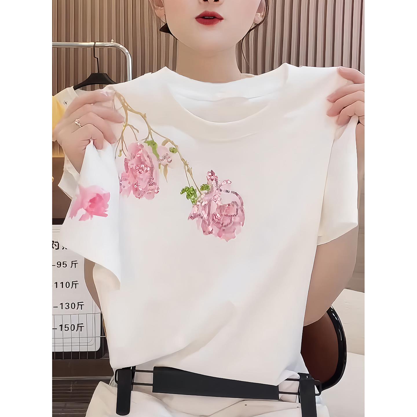 韩系重工花朵短袖T恤女夏季大码