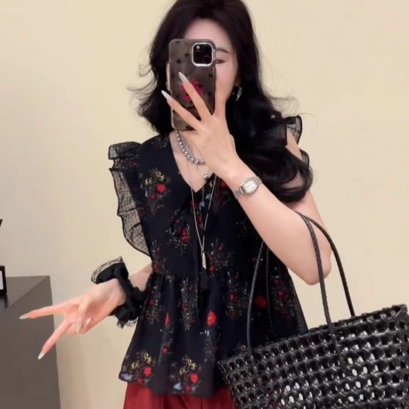 碎花荷叶边小飞袖v领衬衫女