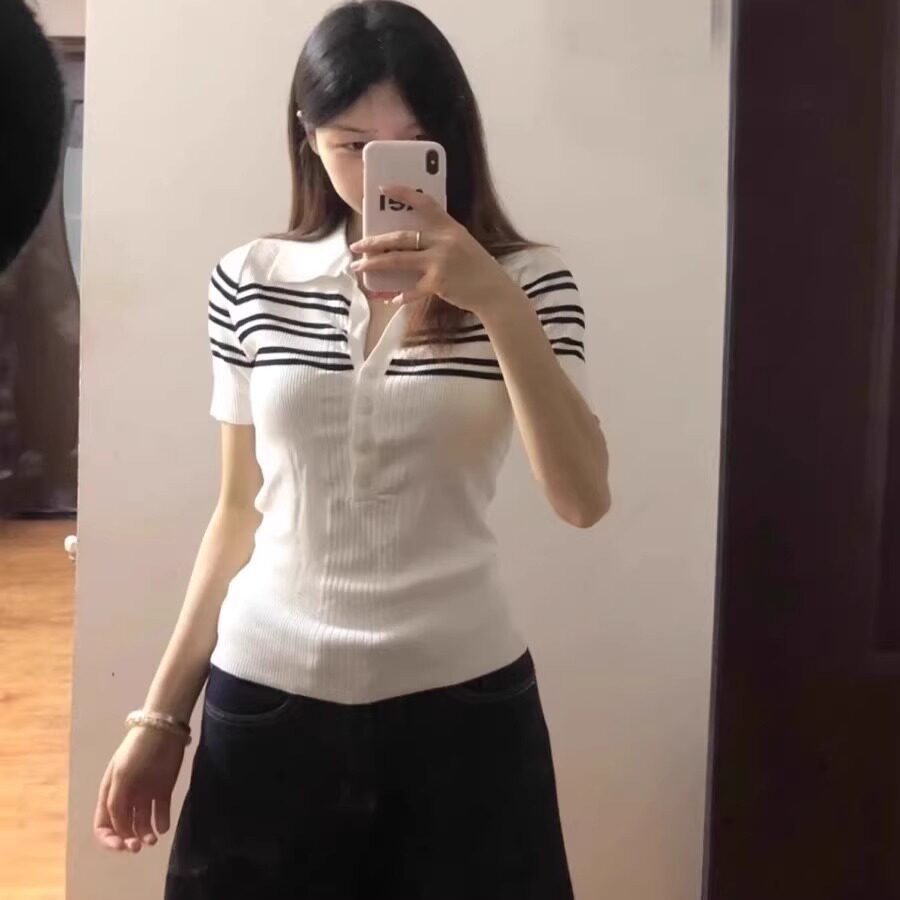 条纹半开领白色短袖t恤女