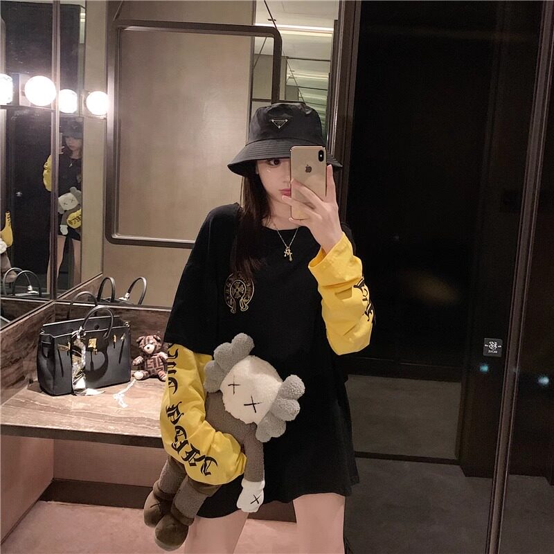 假两件百搭长袖黑色T恤女
