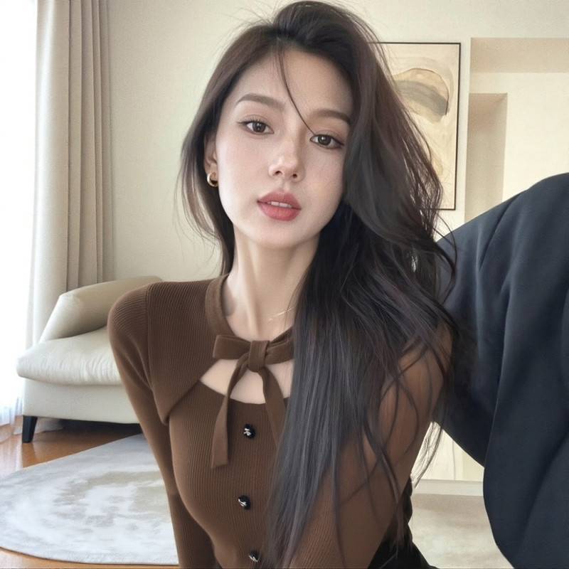 灰色蝴蝶结假两件针织衫女打底衫
