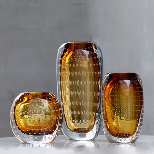轻奢玻璃花瓶创意简约现代桌面插花样板房软装 饰客厅摆件琉璃花器