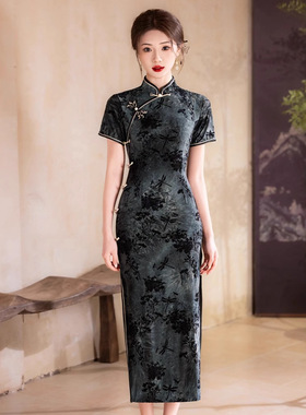 贝之韵黑色丝绒旗袍女2025年春夏季新款国风气质绝美修身日常