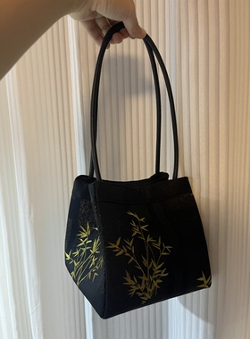 上久凯明轩照影黑金竹叶真丝宋锦手作新中式方形手提包黑色国风包