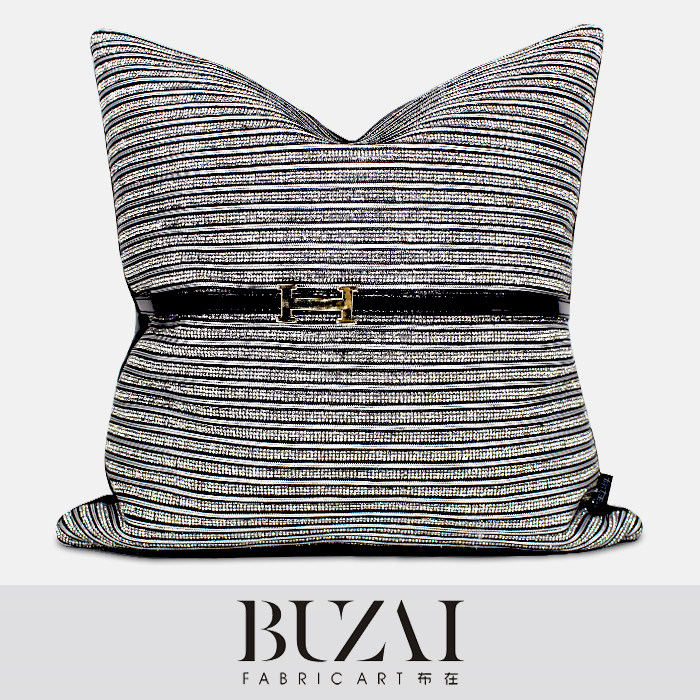 布在布艺现代奢华样板房银灰色抱枕h扣皮带装饰靠枕镶水钻靠垫套