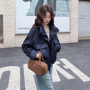 P160 黑色立领短款 小个子毛呢拼外套 2025新款 K268 棉服女冬季