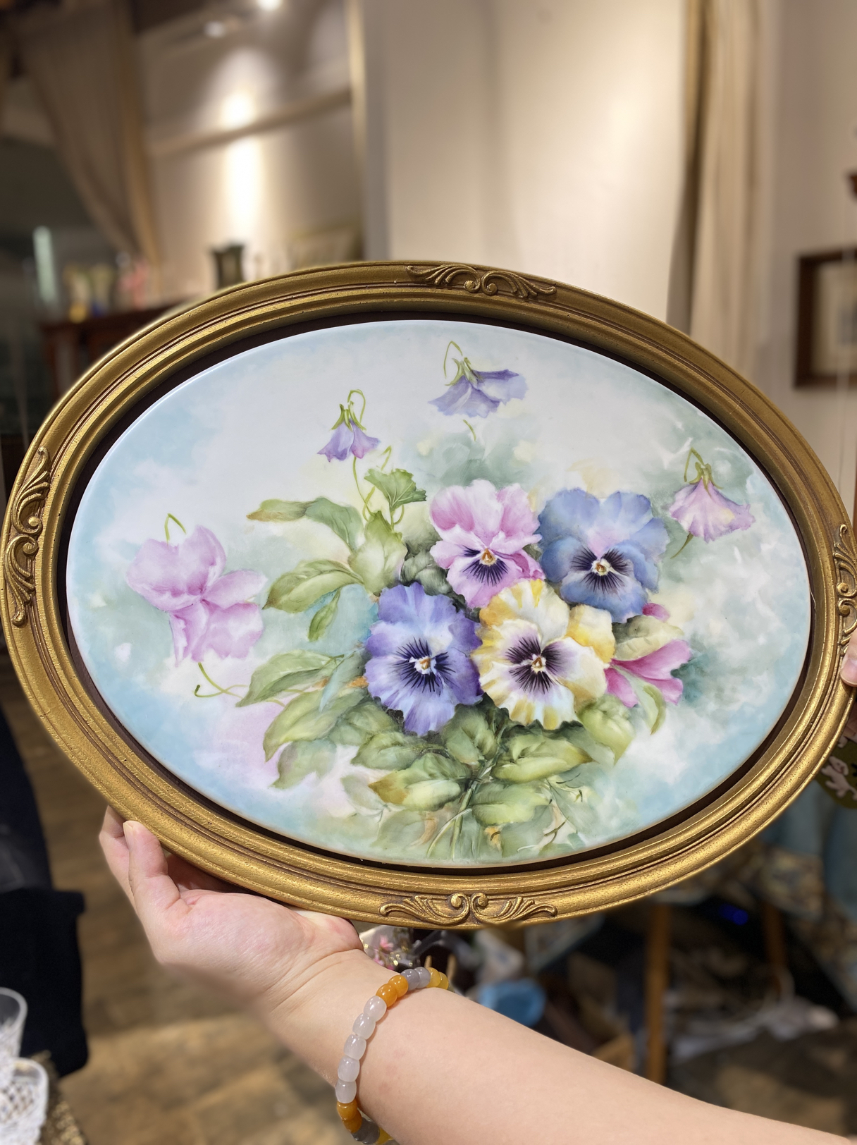 大号瓷板画手绘花卉三色堇瓷板画装饰挂画墙饰