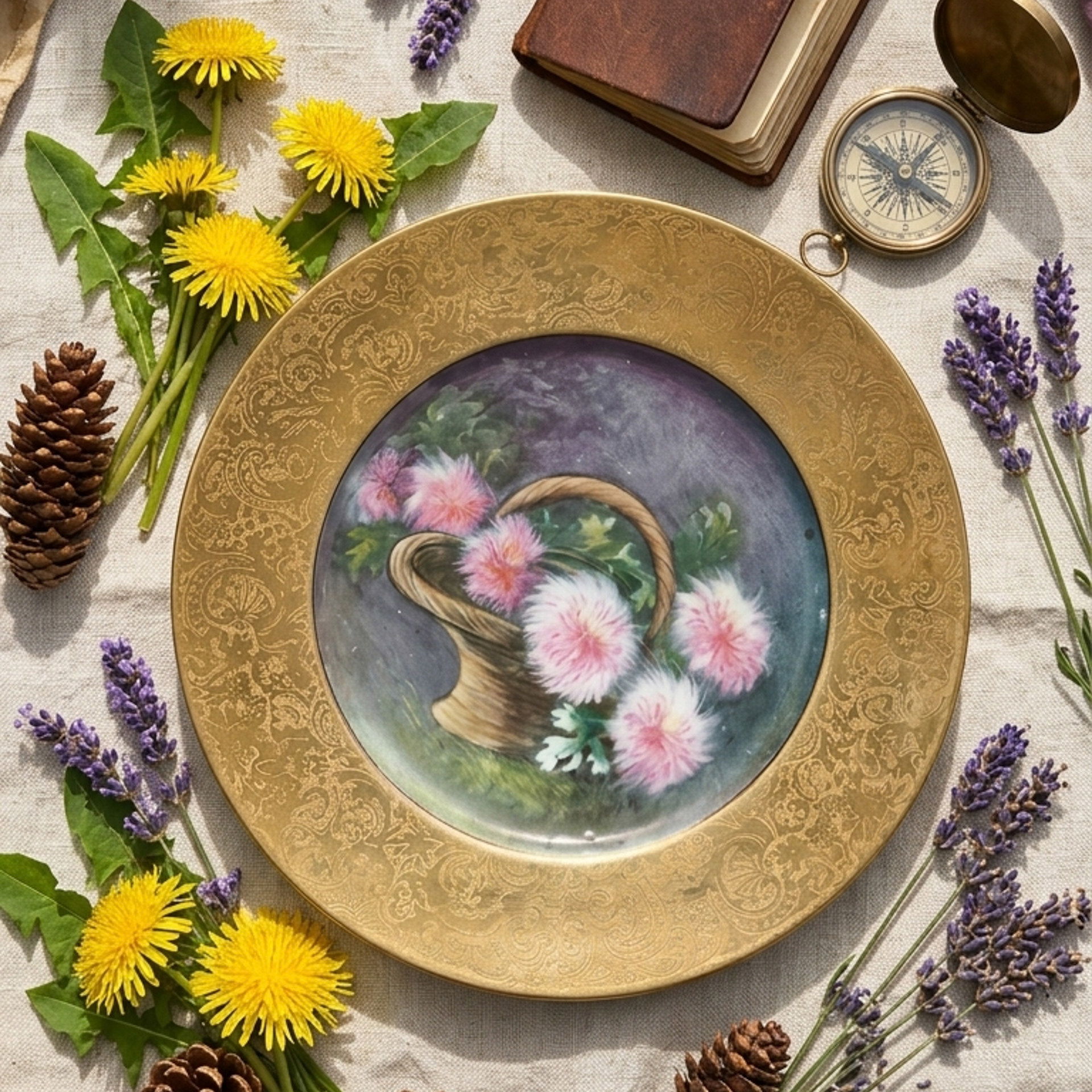 陶瓷盘子ins法式鎏金手绘花卉创意家居摆件墙挂赏盘装饰中古坐盘