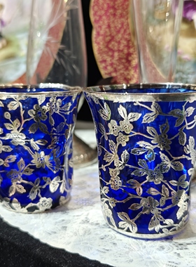 新品蓝色玻璃腊鎏银酒杯一只