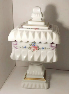 小号美国westmoreland中古手绘蝴蝶结奶玻璃高脚零食罐储物罐饼干