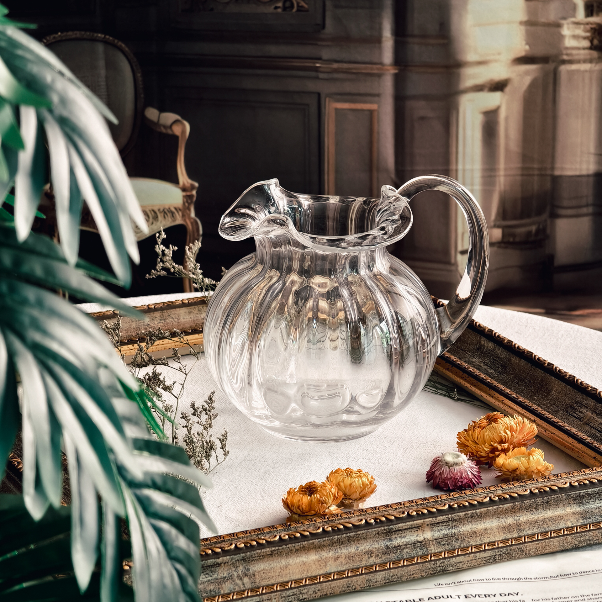 冷水壶花瓶ins公主风水晶透明手工轻奢下午茶中古果汁壶插花摆件