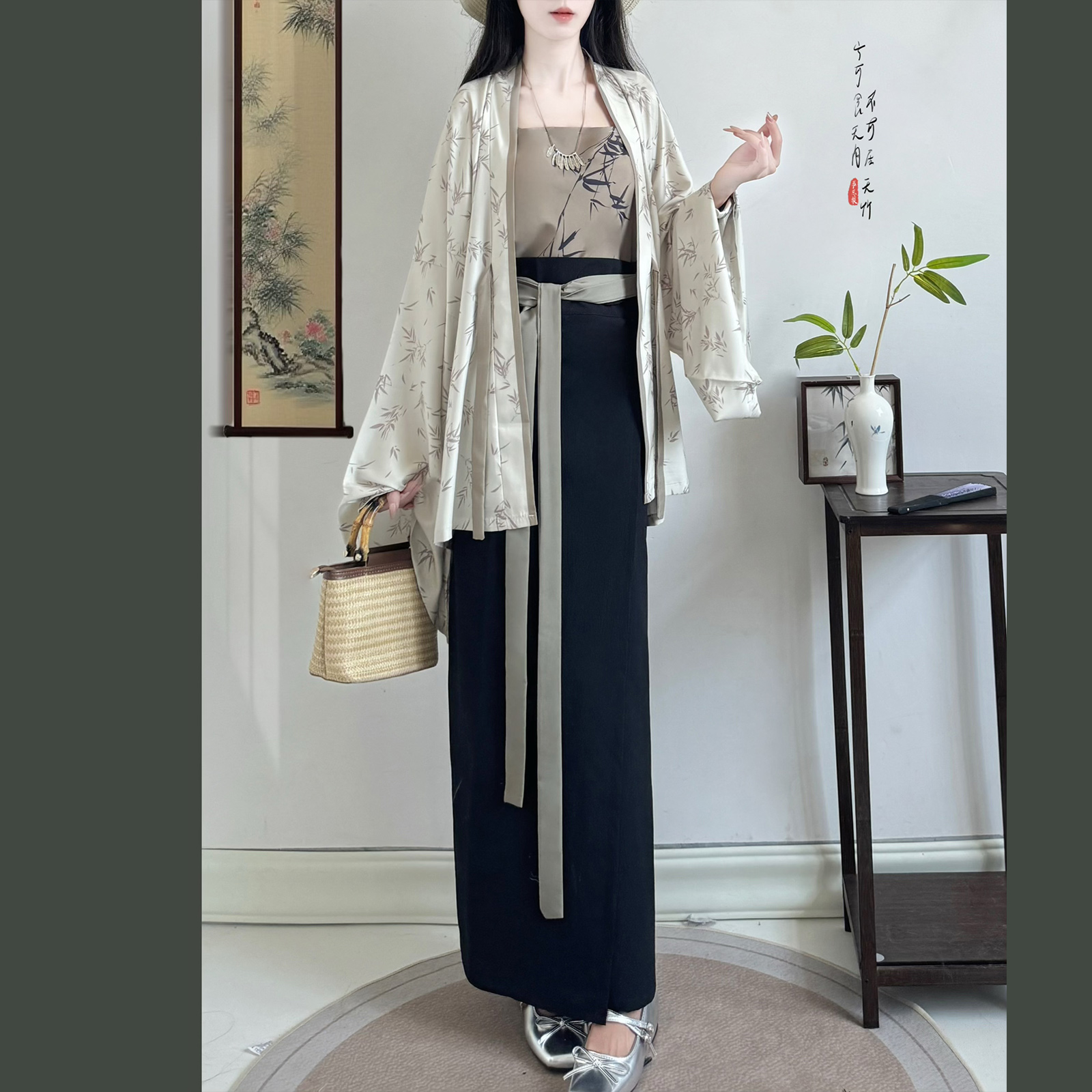 九尘新中式汉服竹节词褶衣开衫套装国风宽松日常改良通勤汉服女
