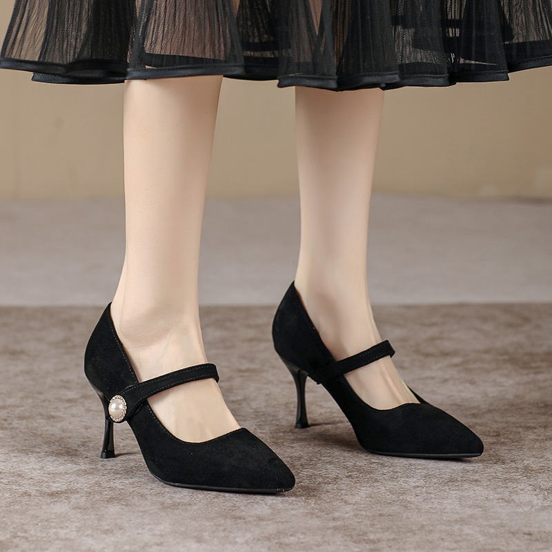 黑色真皮高跟鞋女细跟