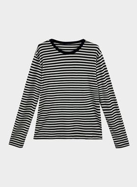 Miss couleur羊毛天丝黑白条纹宽松上衣圆领长袖t恤MC017