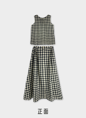 Miss couleur复古两色格子裙套装无袖上衣半身裙两件套MC010