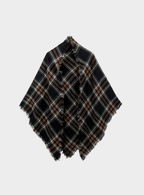 Miss couleur文艺感羊毛棉焦糖格纹大三角披肩流苏须边围巾MC041