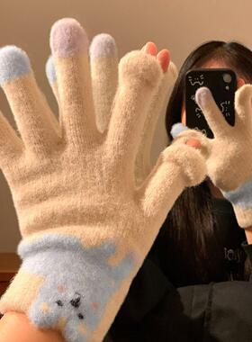 腊肠狗触屏加绒防寒手套女冬季
