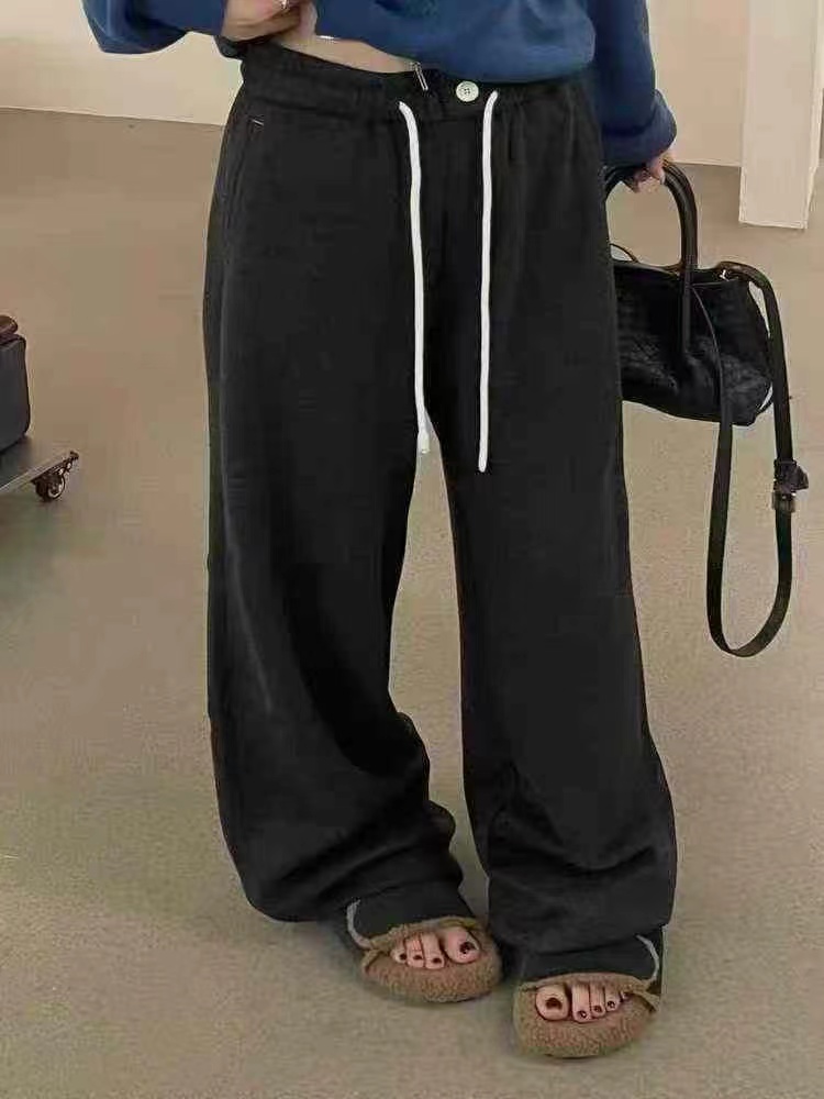 欧洲站2025秋冬欧货时尚松紧腰抽绳加绒直筒裤百搭显瘦毛呢阔腿裤